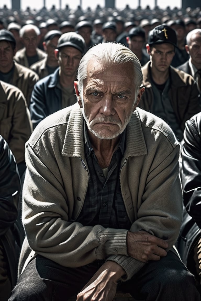 American Old man looking with a fierce look in his eyes, sitting_down, crossed_arms, looking with intense and focused look, 3d enviroment, background with thousands of people bowing their head, male_pov, sitting straight 