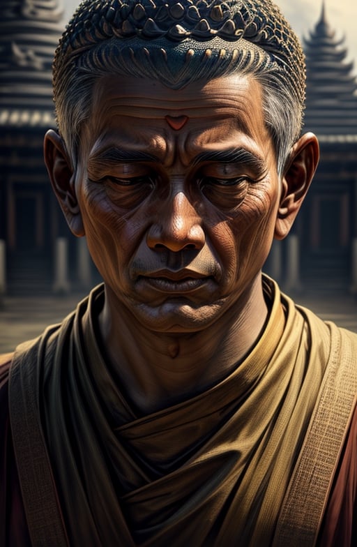 buddhist monk  with wise face and wise eyes, realistic face, realistic texture, buddhist monk praying lord buddha in the bacground, high_resolution, highly detailed structures