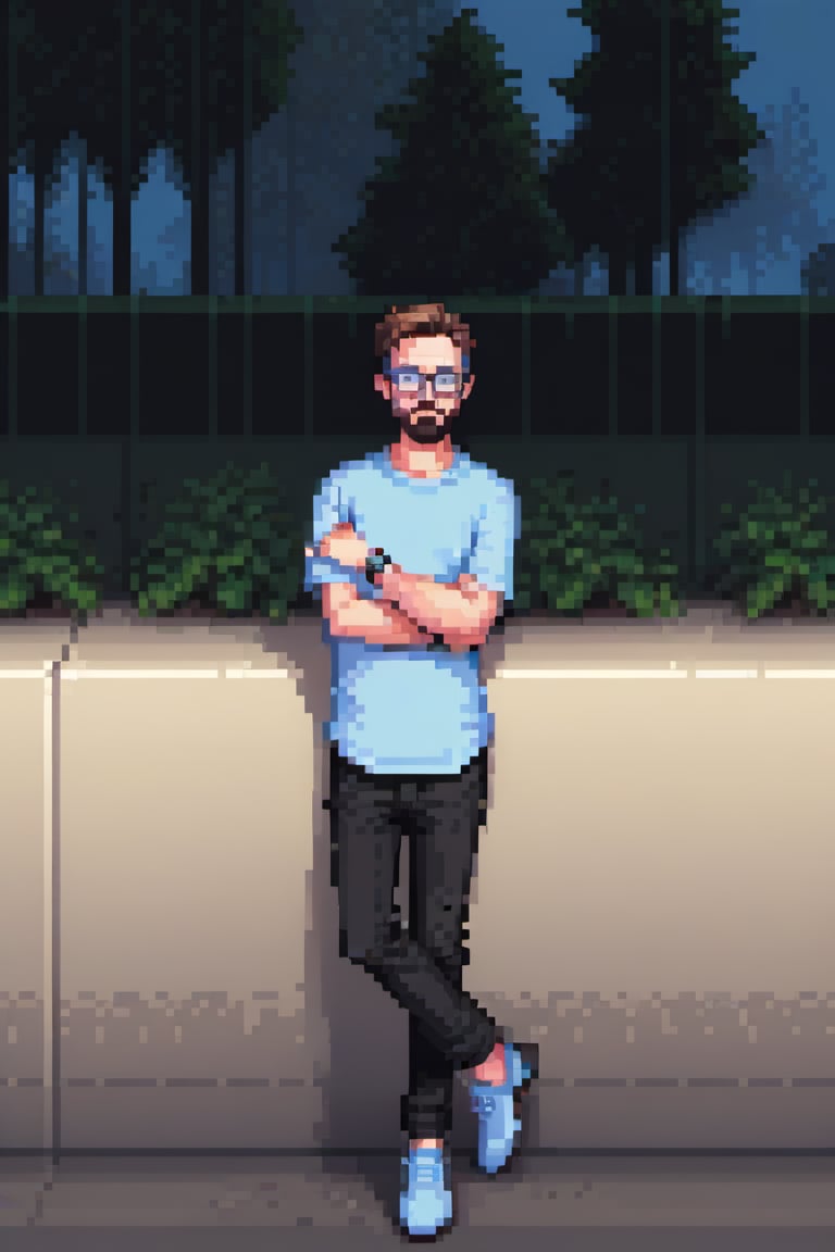 Pixel art, black pants,light blue tshirt,wearing glasses, watch, short beard, looking to the right, detailed proportions 