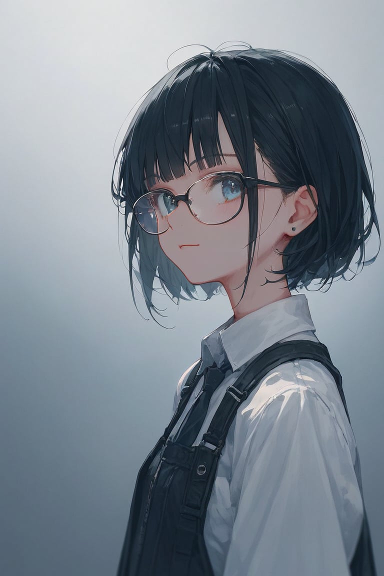 score_9,score_8_up, qru, 1girl, portrait, wolfcut, long sidelocks, black hair, glasses