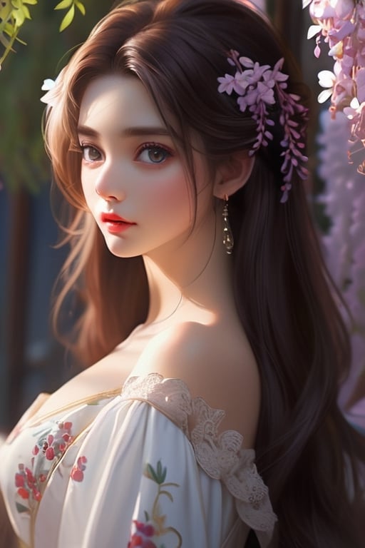 (masterpiece), extreme details, raytracing, best quality, 1girl, ((perfect anatomy)), elegant madame, earing, tired face, ((slanted eyes:1.3)), blue eyes, (shiny eyes, round pupil, glowing eyes), (detailed hair strands:1.2), dark hair, ((makeup, eyeshadow)), red lips, seductive, (lace, off shoulder dress), surrounded by flowers, hanging flowers, (Japanese wisteria), blurry foreground, sharp focus, depth of field, lens focus, tilt blur, ambient lighting,niji style