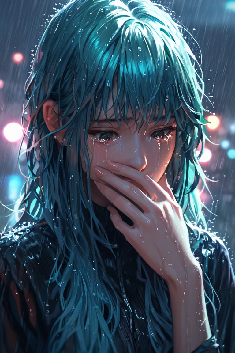 score_9, score_8_up, 1girl, raining, detailed hair strands, long hair, long bangs, sad face, cinematic, illuminating light, backlight, light particles, bokeh, city night glow, wet clothes, soaked, glistening skin, wet hair, look down, chiaroscuro lighting, tears, crying, covering mouth, in grief