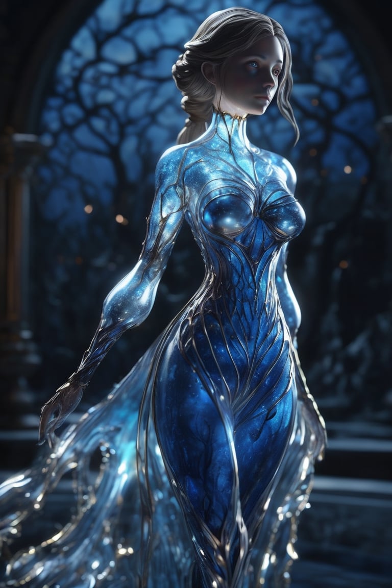 (masterpiece), glass girl, body made out of glass, intricate beauty, bioluminescence, blue veins, detailed eyes, sparkling, reflections, (translucent), elegant, simple background, dim light, volumetric lighting, hyper realistic, blurry foreground, blurry background, (bloodborne:1.1) 