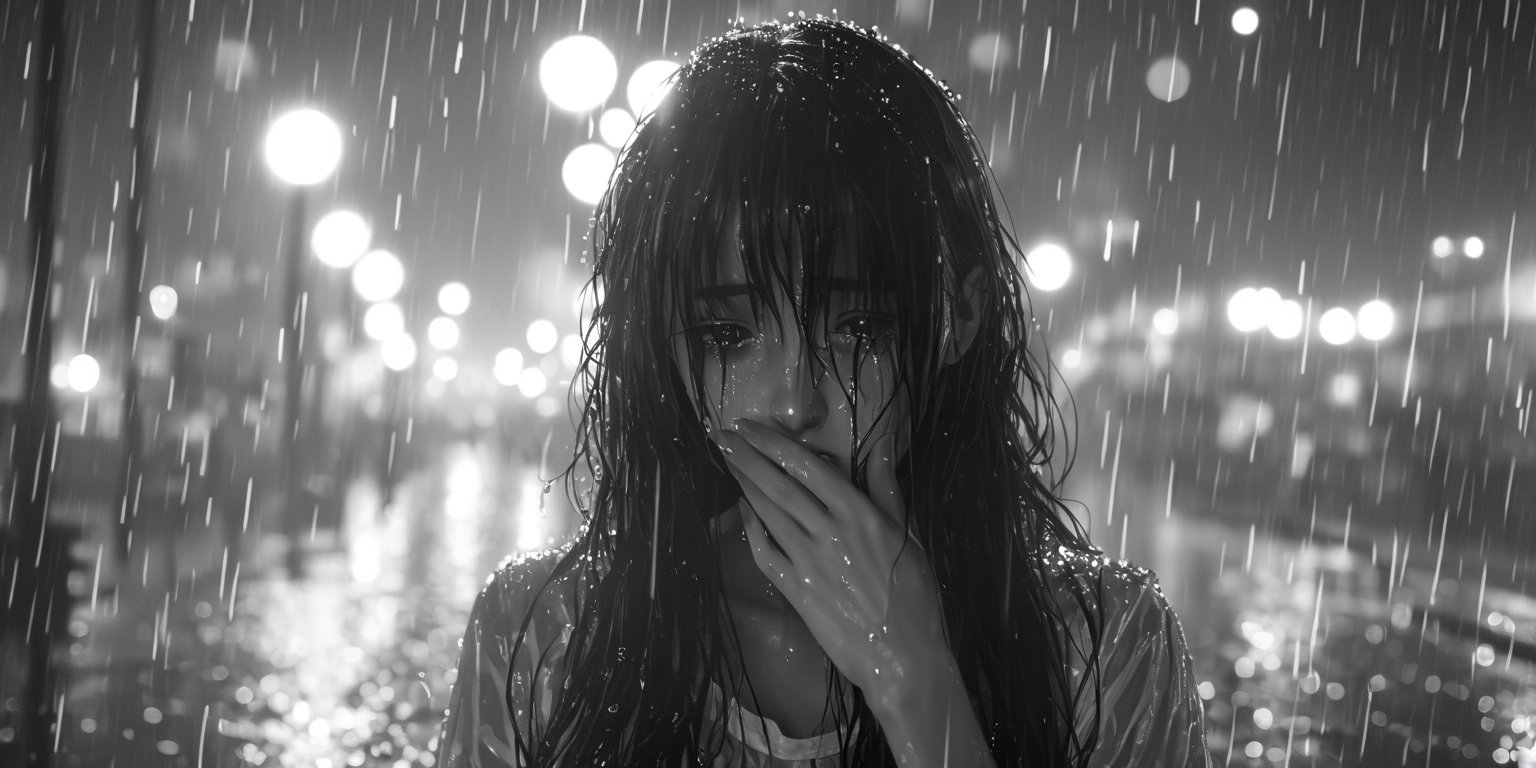 score_9, score_8_up, 1girl, raining, detailed hair strands, long hair, long bangs, sad face, cinematic, illuminating light, backlight, light particles, bokeh, city night glow, wet clothes, soaked, glistening skin, wet hair, look down, greyscale, chiaroscuro lighting, tears, crying, covering mouth, in grief