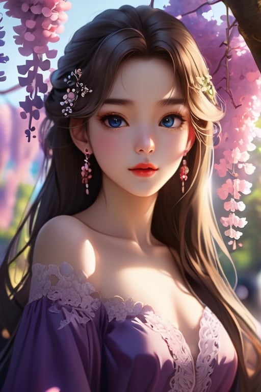 (masterpiece), extreme details, raytracing, best quality, 1girl, ((perfect anatomy)), elegant madame, earing, tired face, ((slanted eyes:1.3)), blue eyes, (shiny eyes, round pupil, glowing eyes), (detailed hair strands:1.2), dark hair, ((makeup, eyeshadow)), red lips, seductive, (lace, off shoulder dress), surrounded by flowers, hanging flowers, (Japanese wisteria), blurry foreground, sharp focus, depth of field, lens focus, tilt blur, ambient lighting,niji style