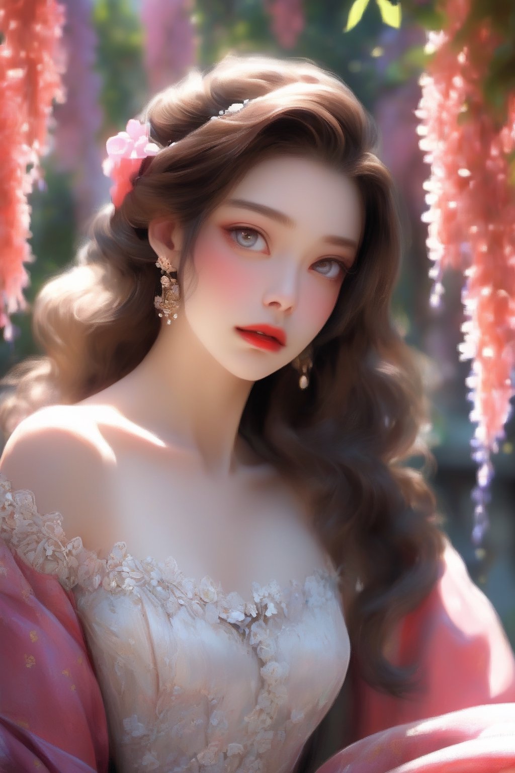 (masterpiece), extreme details, raytracing, best quality, 1girl, ((perfect anatomy)), elegant madame, earing, tired face, ((slanted eyes:1.3)), blue eyes, (shiny eyes, round pupil, glowing eyes), (detailed hair strands:1.2), dark hair, ((makeup, eyeshadow)), red lips, seductive, (lace, off shoulder dress), surrounded by flowers, hanging flowers, (Japanese wisteria), blurry foreground, sharp focus, depth of field, lens focus, tilt blur, ambient lighting,niji style