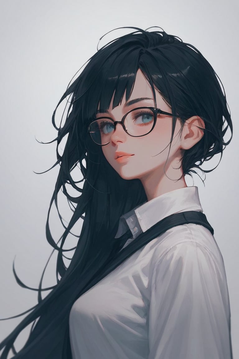 score_9,score_8_up, 1girl, portrait, wolfcut, long sidelocks, black hair, glasses