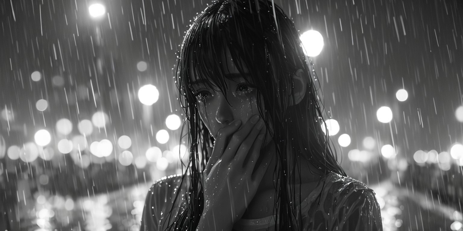 score_9, score_8_up, 1girl, raining, detailed hair strands, long hair, long bangs, sad face, cinematic, illuminating light, backlight, light particles, bokeh, city night glow, wet clothes, soaked, glistening skin, wet hair, look down, greyscale, chiaroscuro lighting, tears, crying, covering mouth, in grief