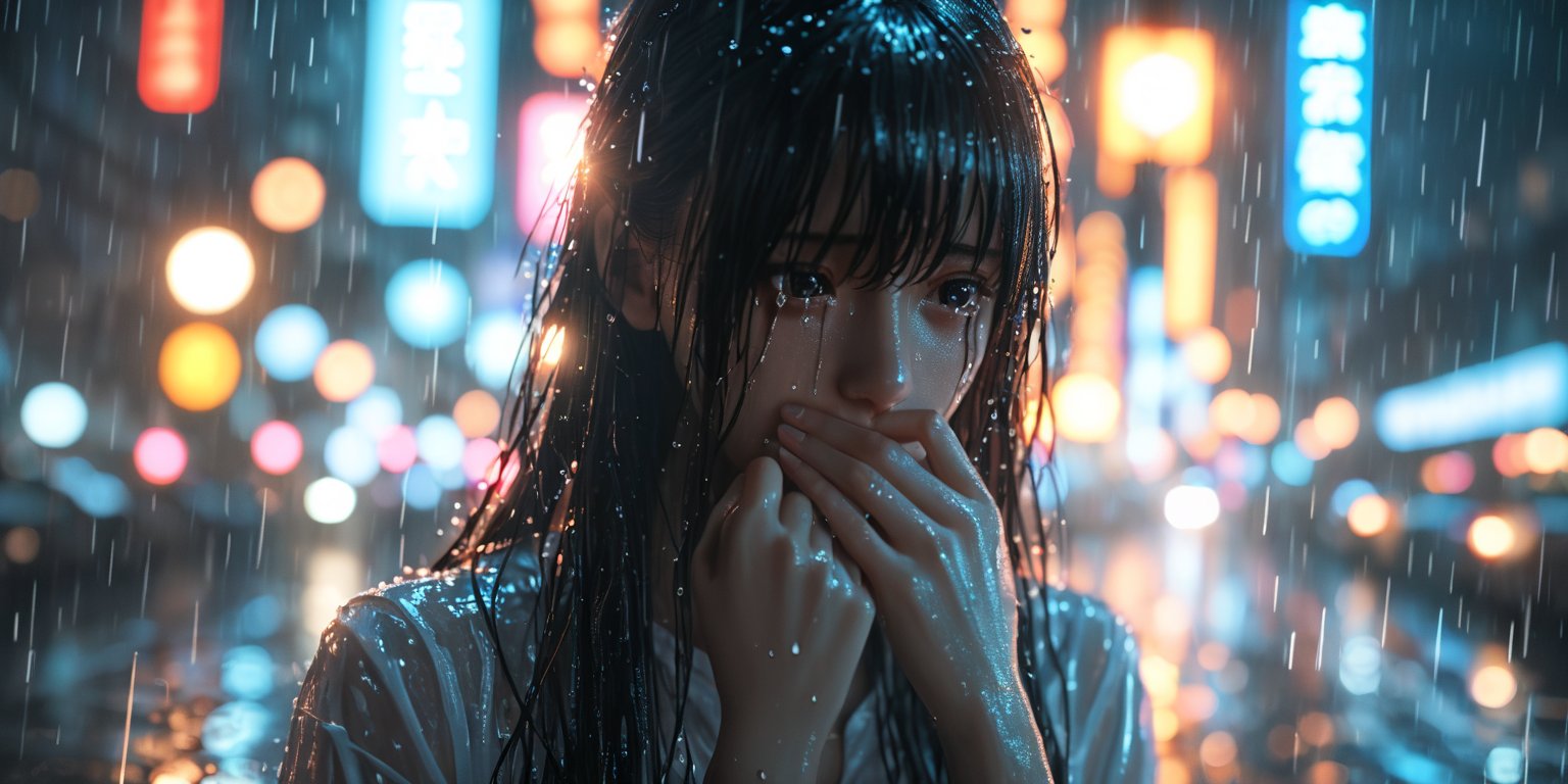 score_9, score_8_up, 1girl, raining, detailed hair strands, long hair, long bangs, sad face, cinematic, illuminating light, backlight, light particles, bokeh, city night glow, wet clothes, soaked, glistening skin, wet hair, look down, chiaroscuro lighting, tears, crying, covering mouth, in grief