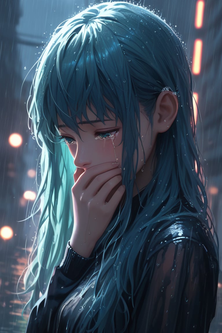 score_9, score_8_up, 1girl, raining, detailed hair strands, long hair, long bangs, sad face, cinematic, illuminating light, backlight, light particles, bokeh, city night glow, wet clothes, soaked, glistening skin, wet hair, look down, chiaroscuro lighting, tears, crying, covering mouth, in grief, side view