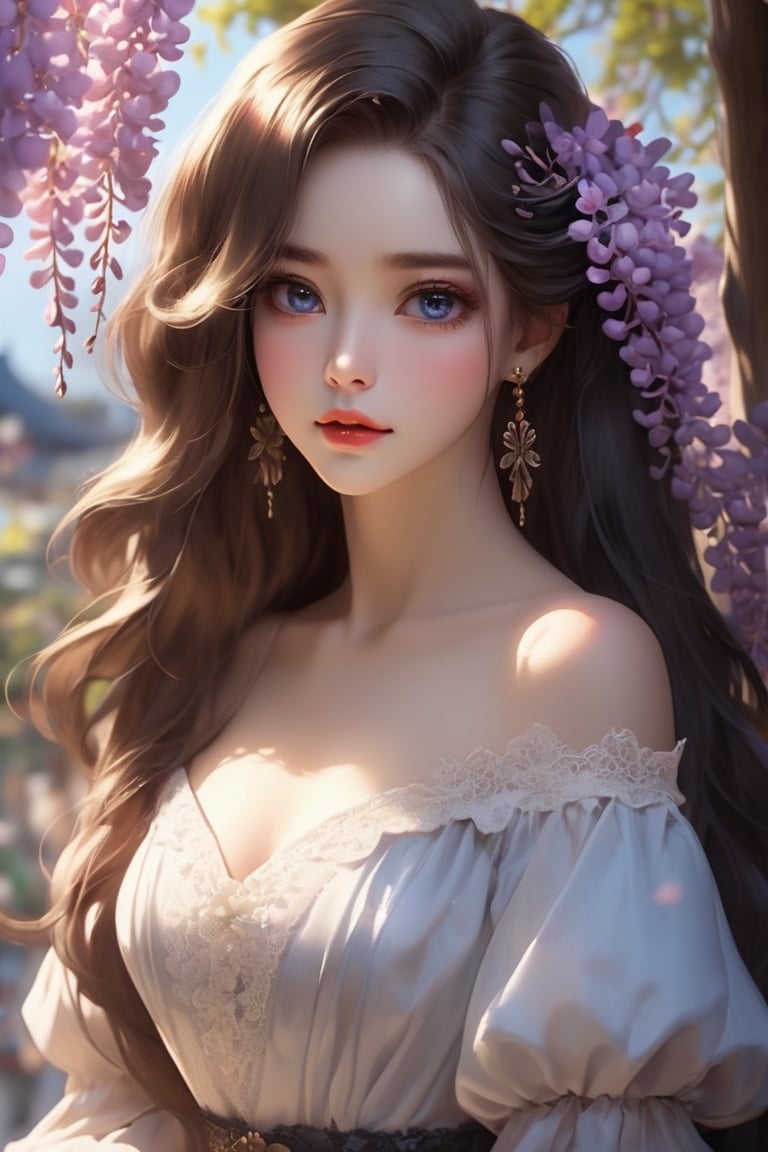 (masterpiece), extreme details, raytracing, best quality, 1girl, ((perfect anatomy)), elegant madame, earing, tired face, ((slanted eyes:1.3)), blue eyes, (shiny eyes, round pupil, glowing eyes), (detailed hair strands:1.2), dark hair, ((makeup, eyeshadow)), red lips, seductive, (lace, off shoulder dress), surrounded by flowers, hanging flowers, (Japanese wisteria), blurry foreground, sharp focus, depth of field, lens focus, tilt blur, ambient lighting,niji style