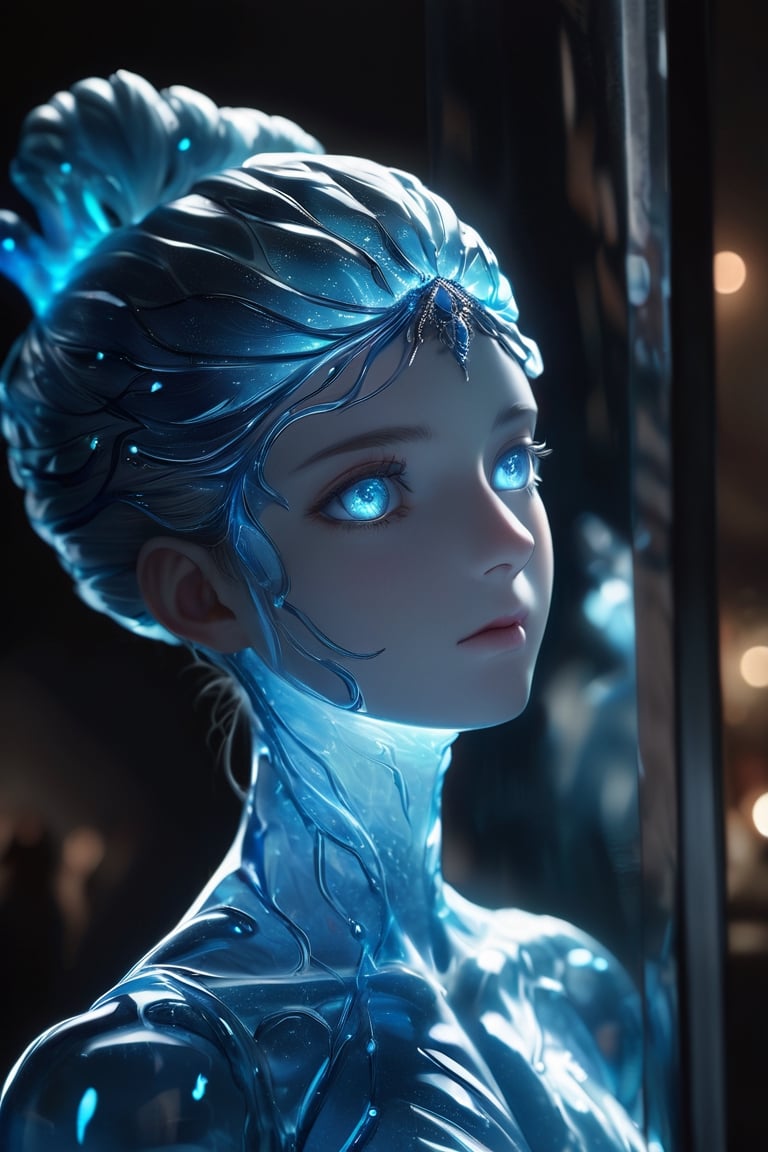 (masterpiece), glass girl, body made out of glass, intricate beauty, bioluminescence, blue veins, detailed eyes, sparkling, reflections, (translucent), elegant, simple background, dim light, volumetric lighting, hyper realistic, blurry foreground, blurry background, (bloodborne:1.1) 