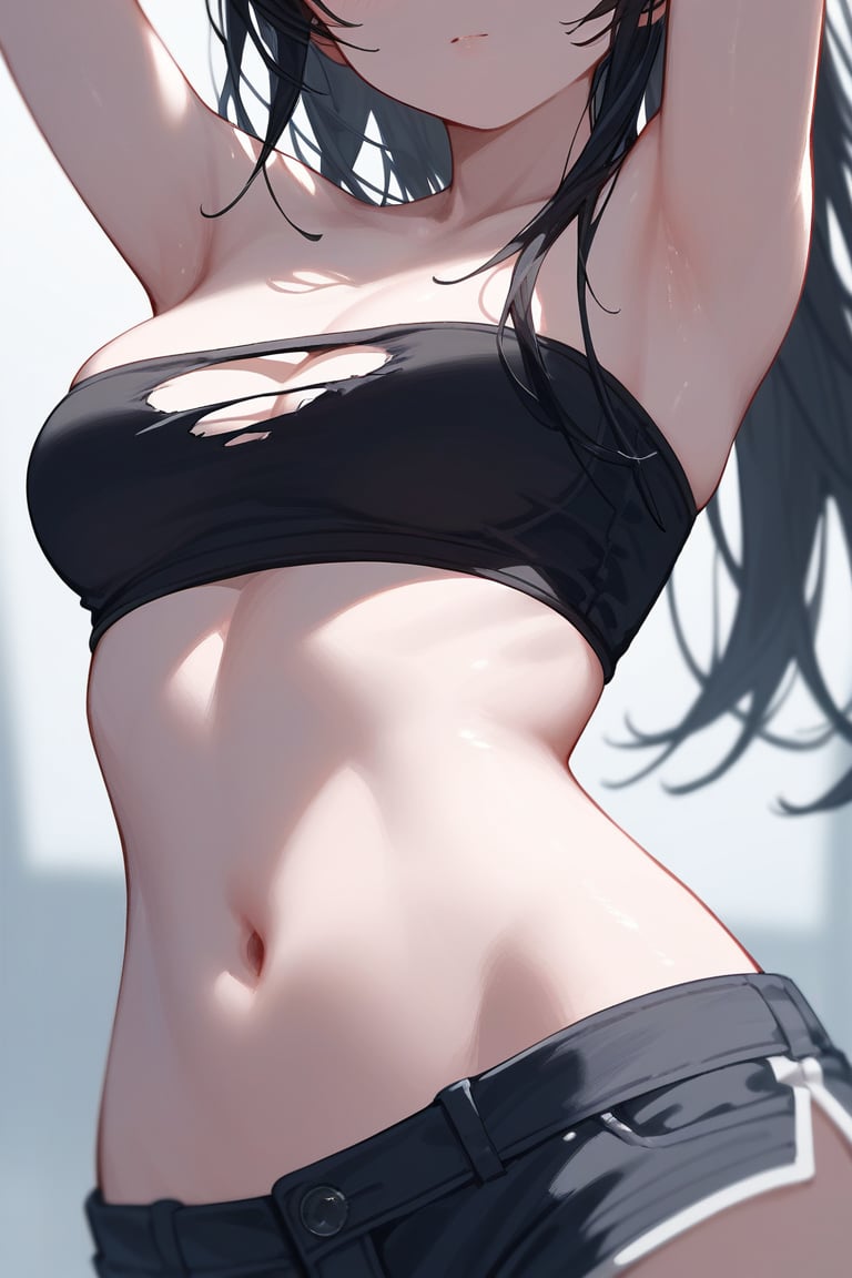 score_9,score_8_up, torso focus, body focus, body close up, depth of field, close up, black hair, ripped clothes, bandeau, midriff, armpits, shorts, soft skin, (smooth skin), pale skin, chiaroscuro lighting, dynamic angle