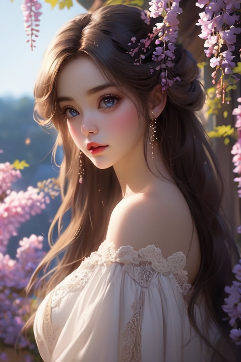 (masterpiece), extreme details, raytracing, best quality, 1girl, ((perfect anatomy)), elegant madame, earing, tired face, ((slanted eyes:1.3)), blue eyes, (shiny eyes, round pupil, glowing eyes), (detailed hair strands:1.2), dark hair, ((makeup, eyeshadow)), red lips, seductive, (lace, off shoulder dress), surrounded by flowers, hanging flowers, (Japanese wisteria), blurry foreground, sharp focus, depth of field, lens focus, tilt blur, ambient lighting,niji style