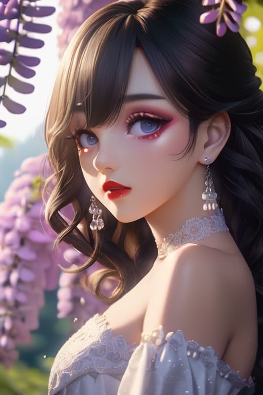 (masterpiece), extreme details, raytracing, best quality, 1girl, ((perfect anatomy)), elegant madame, earing, tired face, ((slanted eyes:1.3)), blue eyes, (shiny eyes, round pupil, glowing eyes), (detailed hair strands:1.2), dark hair, ((makeup, eyeshadow)), red lips, seductive, (lace, off shoulder dress), surrounded by flowers, hanging flowers, (Japanese wisteria), blurry foreground, sharp focus, depth of field, lens focus, tilt blur, ambient lighting