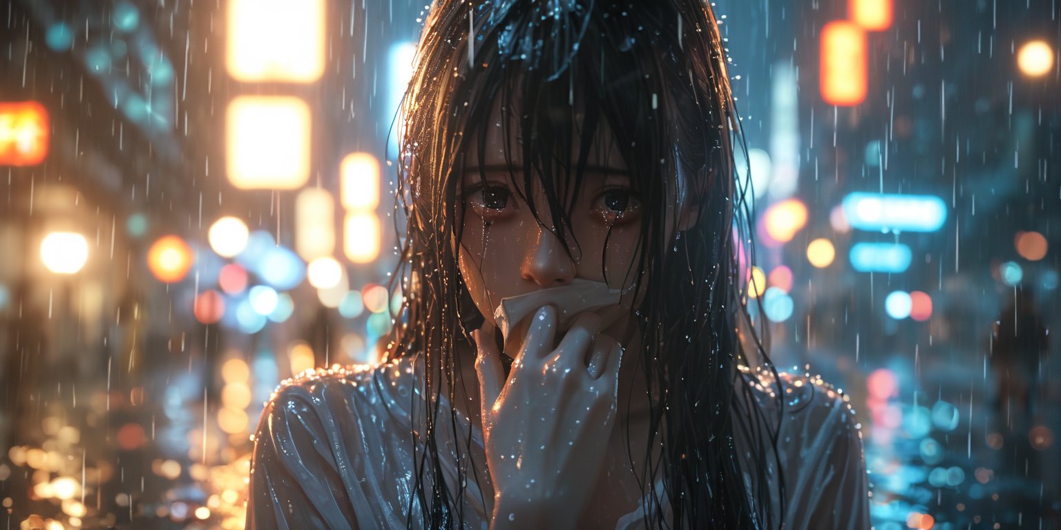 score_9, score_8_up, 1girl, raining, detailed hair strands, long hair, long bangs, sad face, cinematic, illuminating light, backlight, light particles, bokeh, city night glow, wet clothes, soaked, glistening skin, wet hair, look down, chiaroscuro lighting, tears, crying, covering mouth, in grief