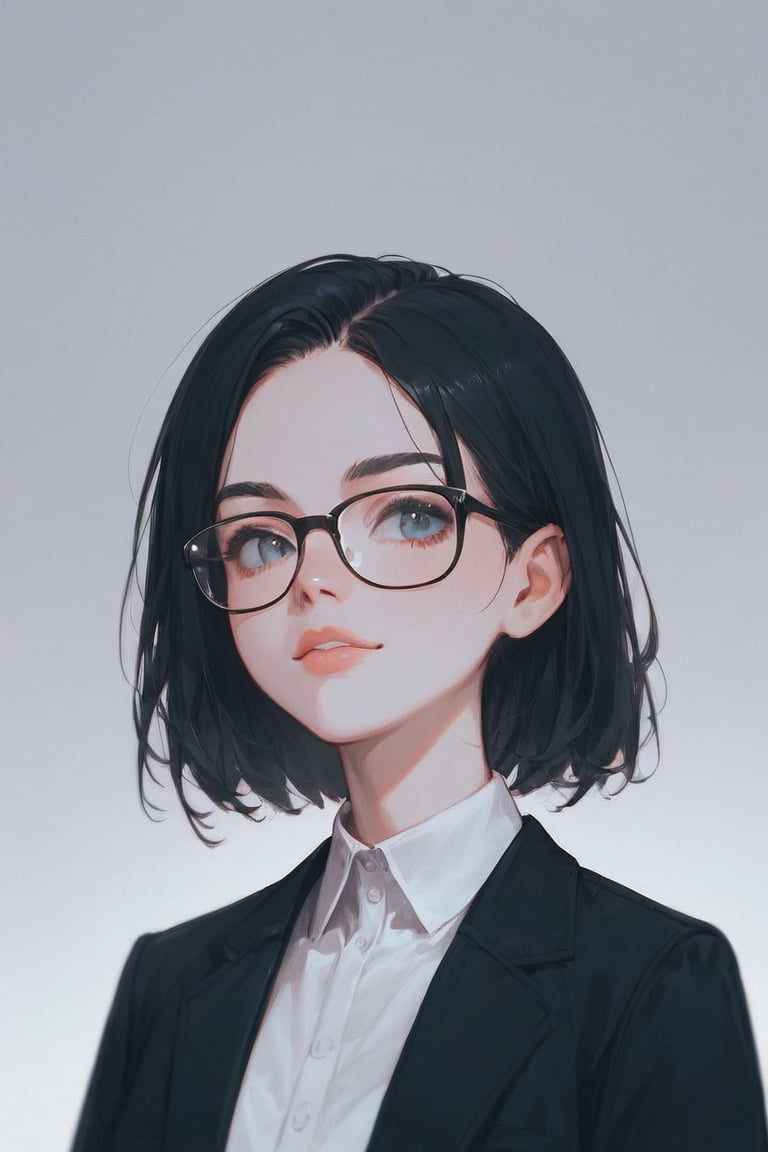 score_9,score_8_up, 1girl, portrait, wolfcut, long sidelocks, black hair, glasses