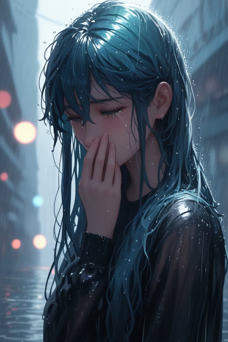 score_9, score_8_up, 1girl, raining, detailed hair strands, long hair, long bangs, sad face, cinematic, illuminating light, backlight, light particles, bokeh, city night glow, wet clothes, soaked, glistening skin, wet hair, look down, chiaroscuro lighting, tears, crying, covering mouth, in grief, side view