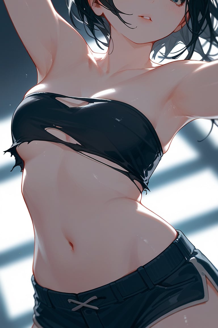 score_9,score_8_up, torso focus, body focus, body close up, depth of field, close up, black hair, ripped clothes, bandeau, midriff, armpits, shorts, soft skin, (smooth skin), pale skin, chiaroscuro lighting, dynamic angle