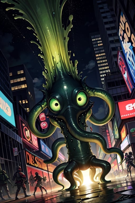 greenish alien octopus-shaped monsters with black eyes invade New York,background:overrun New York,battle scenes,terror,terrified mob,debris,green slime,green slime explosions,dutch angle