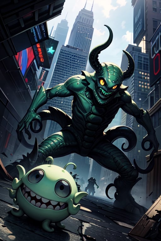 greenish alien octopus-shaped monsters with black eyes invade New York,background:overrun New York,battle scenes,terror,terrified mob,debris,green slime,green slime explosions,dutch angle