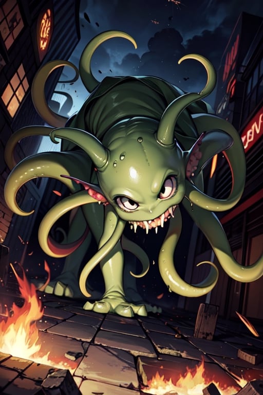 greenish alien octopus-shaped monsters with black eyes invade New York,background:overrun New York,battle scenes,terror,terrified mob,debris,green slime,green slime explosions,dutch angle