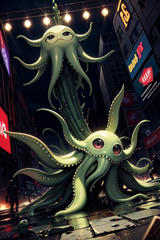 greenish alien octopus-shaped monsters with black eyes invade New York,background:overrun New York,battle scenes,terror,terrified mob,debris,green slime,green slime explosions,dutch angle