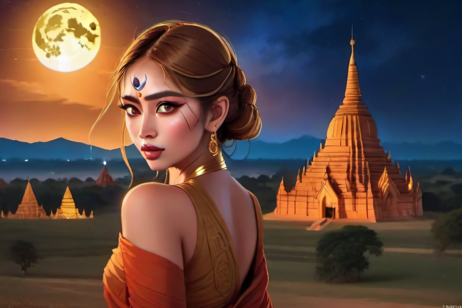 Beautiful Lady, Pretty Face, Myanmar Bagan Pagoda Background, Night Scenery, Full Moon, fantastic sky, dramatic lighting, high dynamic, classical_mythology, ancient dress 