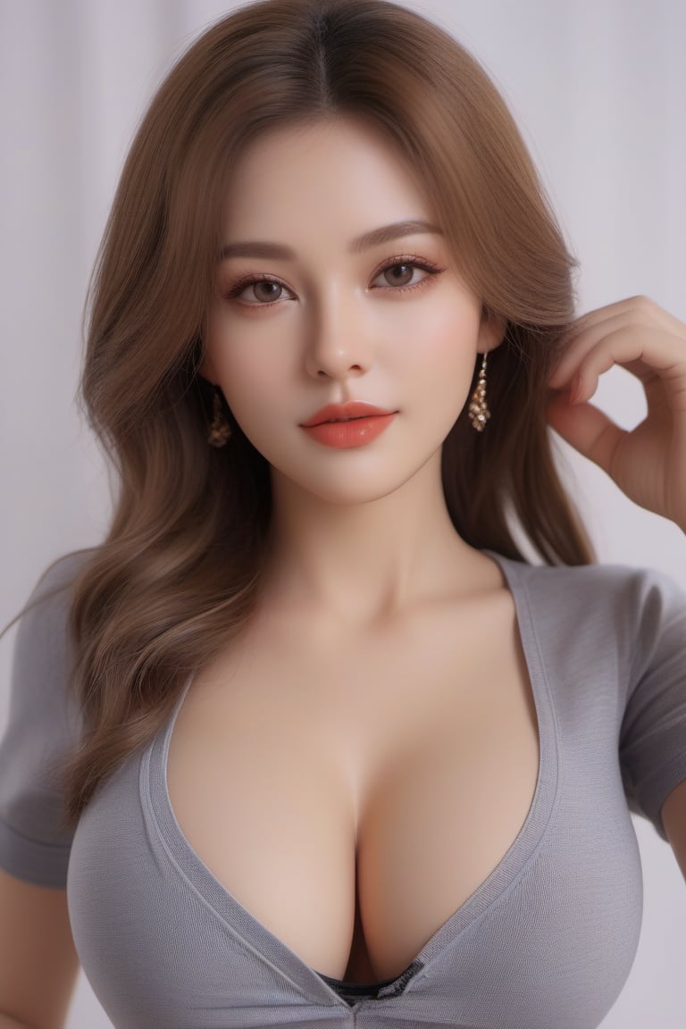 (Huge breast: 1.6), sexy breast, big cleavage, (wearing a low neck shirt: 1.3), (shirt with open front), sexy bra, very short pants, real skin, realistic skin, real breast, realistic breast, detailed skin features, detailed clothes features, voluptious body, real face, detailed facial features, beautiful eyes, grey eyes, detailed eyes, parted lips, gloss on lips, detailed face and breast, best quality, masterpiece, 8k,ellafreya