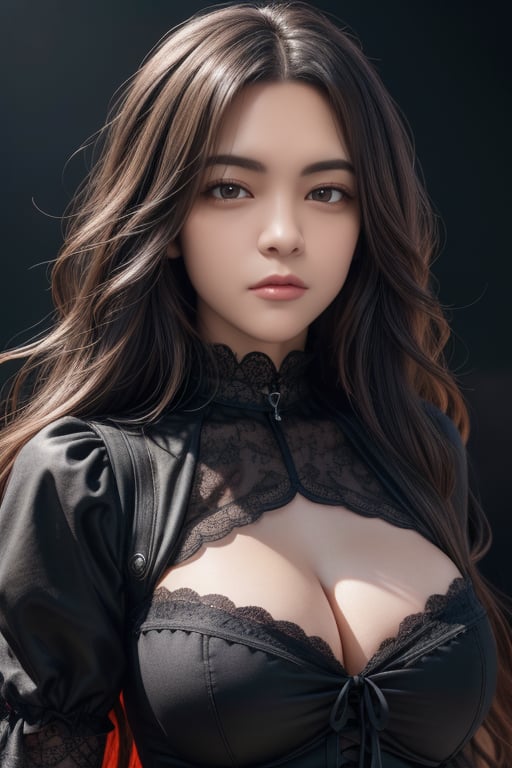 1girl, gothic style, gothic make up, gothic lolita, absurderes, masutepiece, Best Quality, nffsw, 1girl in, Mature Woman, (Sharp Focus), Villain's smile, large_breasts, (Long black background Hair), (grey  eyes), (Detailed eyes), Gothic lace costumes, Black and Red theme, Realism, Black_castle, Ultra-detailed, Vivid, Intricate details, Photorealistic., Beautiful face, (upon body from head to waist:1.35), tyndall effect, photorealistic, 8k uhd, dslr, high quality, volumetric lighting, candid, Photograph, high resolution, 4k, 8k, Bokeh, (hyperrealistic girl), (illustration), (high resolution), (extremely detailed), (best illustration), (beautiful detailed eyes), (best quality), (ultra-detailed), (masterpiece), (wallpaper), (photorealistic), (natural light), (rim lighting), (detailed face), (high detailed realistic skin face texture), (anatomically correct), (heterochromic eyes), (detailed eyes), (sparkling eyes), (dynamic pose), (loose hair:1.35), looking to viewer,GothGal