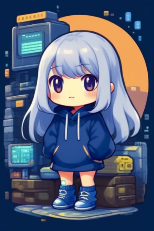 1girl, silver hair, very long hair, center parted bangs bangs, hooded sweatshirt blue dungarees garter straps loafers, sci-fi in bar midnight,
,lofi,tshirt design,flat design,pixel art,cyborg,cute comic,chibi,iso island