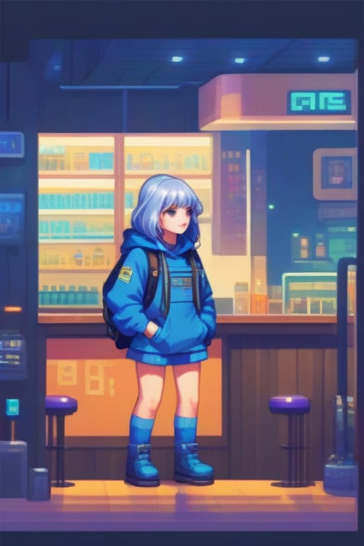 1girl, silver hair, very long hair, center parted bangs bangs, hooded sweatshirt blue dungarees garter straps loafers, sci-fi in bar midnight,
,lofi,tshirt design,flat design,pixel art