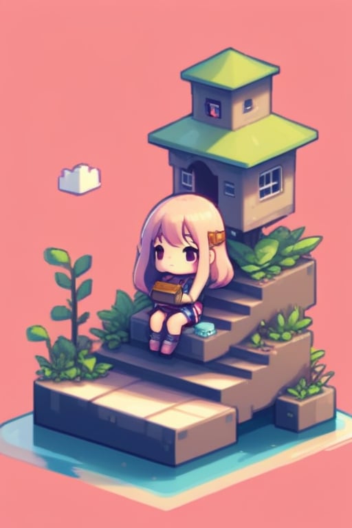 pixel art, 1girl, bird, solo, long hair, stairs, bag, plant, sitting,cyborg,cute comic,chibi,iso island