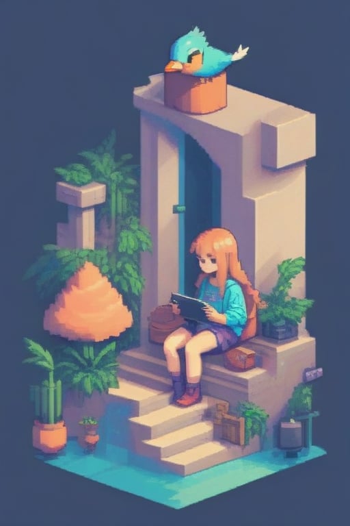 pixel art, 1girl, bird, solo, long hair, stairs, bag, plant, sitting,lofi,tshirt design,flat design