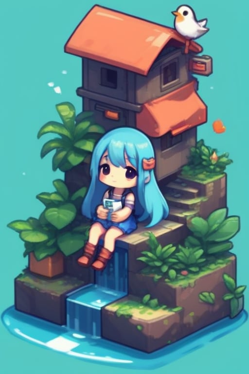 pixel art, 1girl, bird, solo, long hair, stairs, bag, plant, sitting,cyborg,cute comic,chibi,iso island