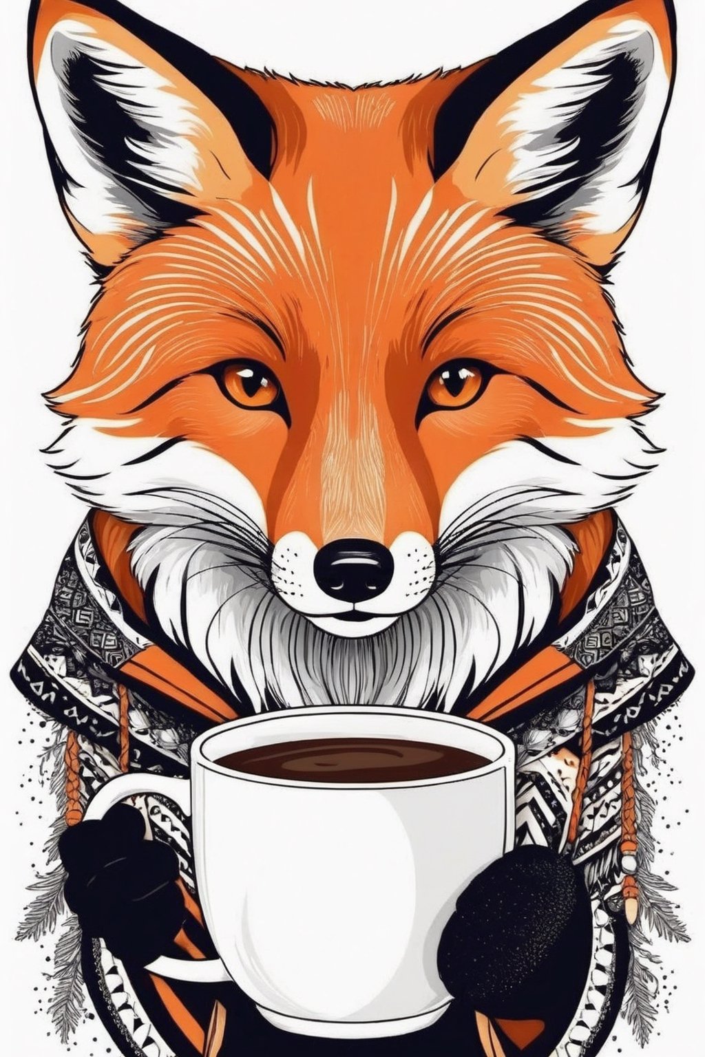 portrait of a fox with a cup of hot coffee full-face in Scandinavian style