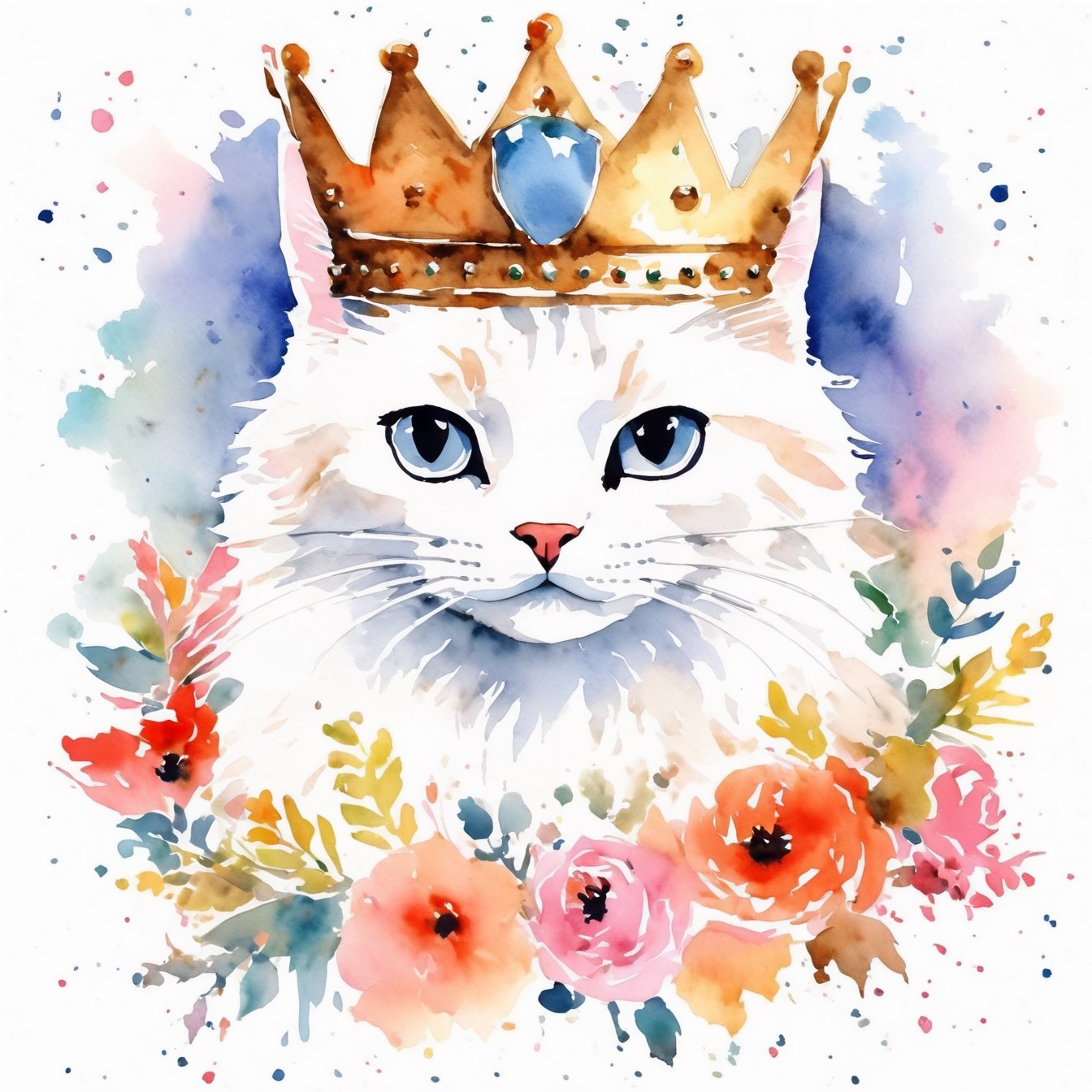 the cat in the crown, watercolor, white background, Prafull Sawant