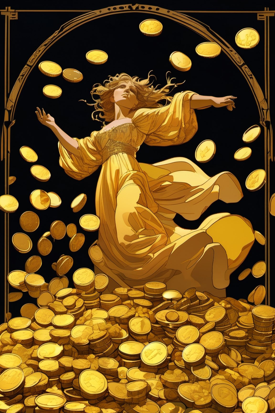 piles of gold, gold coins are flying around, the camera is on top, a sea of gold coins, a golden wind, completely in the frame, Michael Whelan and Alphonse Mucha, black background