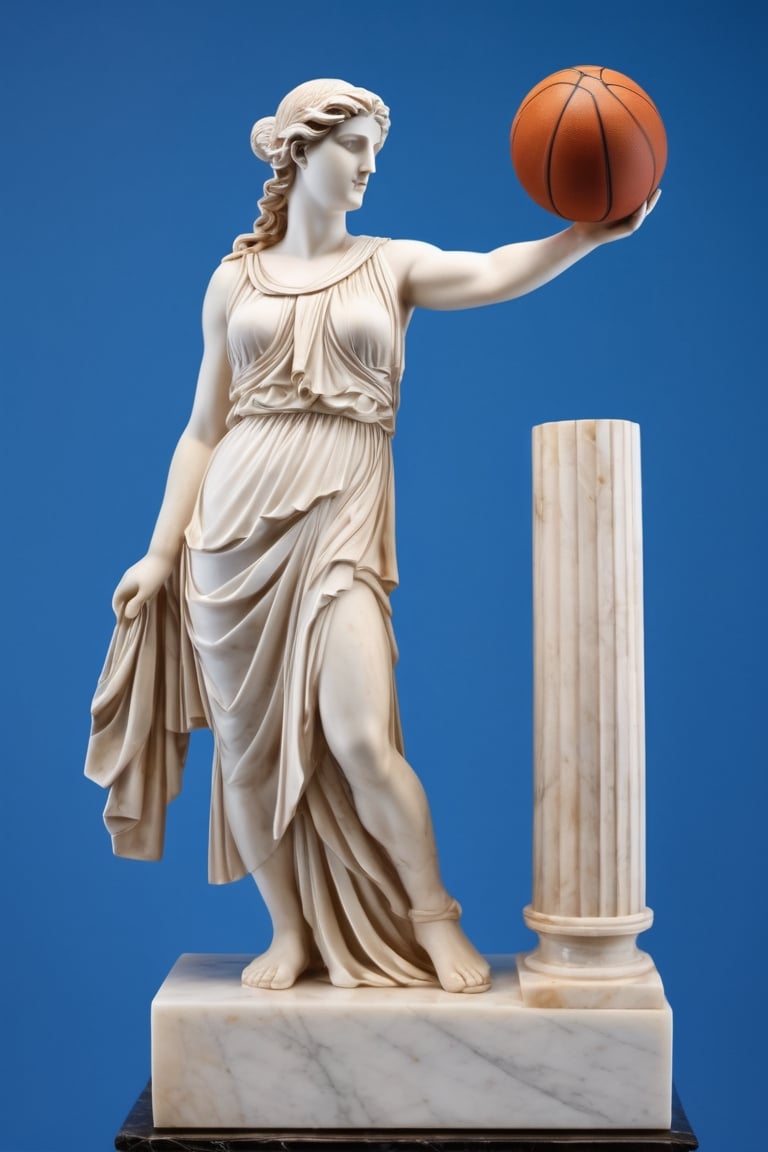 basketball portrait marble statue of a Greek goddess with a basketball  Doric order, on a blue background