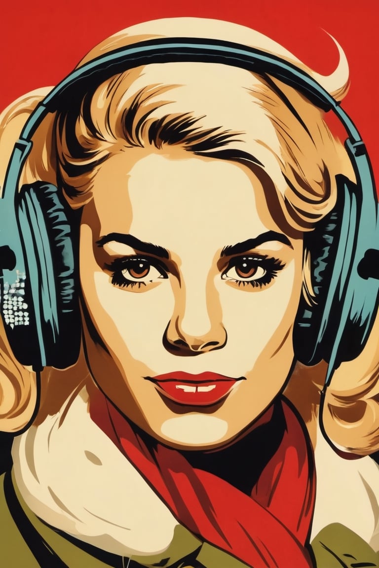 billie piper girl in headphones, Soviet style, Soviet poster.