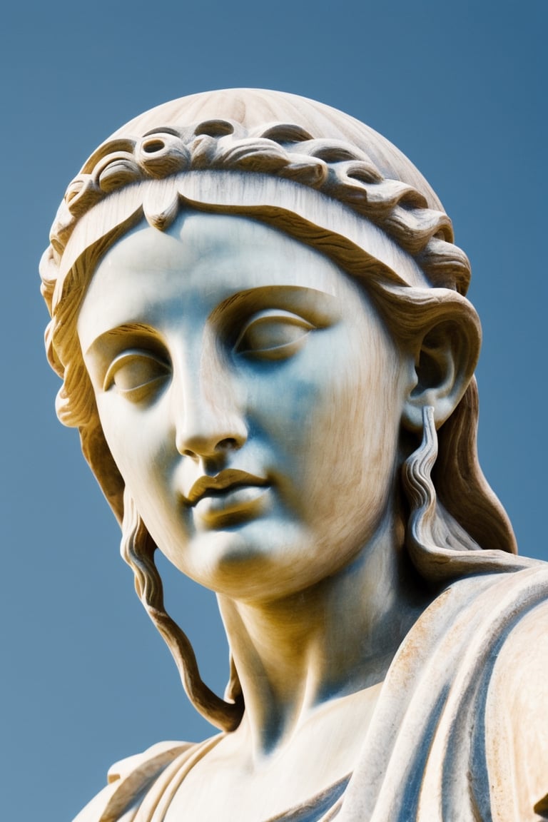 basketball portrait marble statue of a Greek goddess with a basketball  Doric order, on a blue background