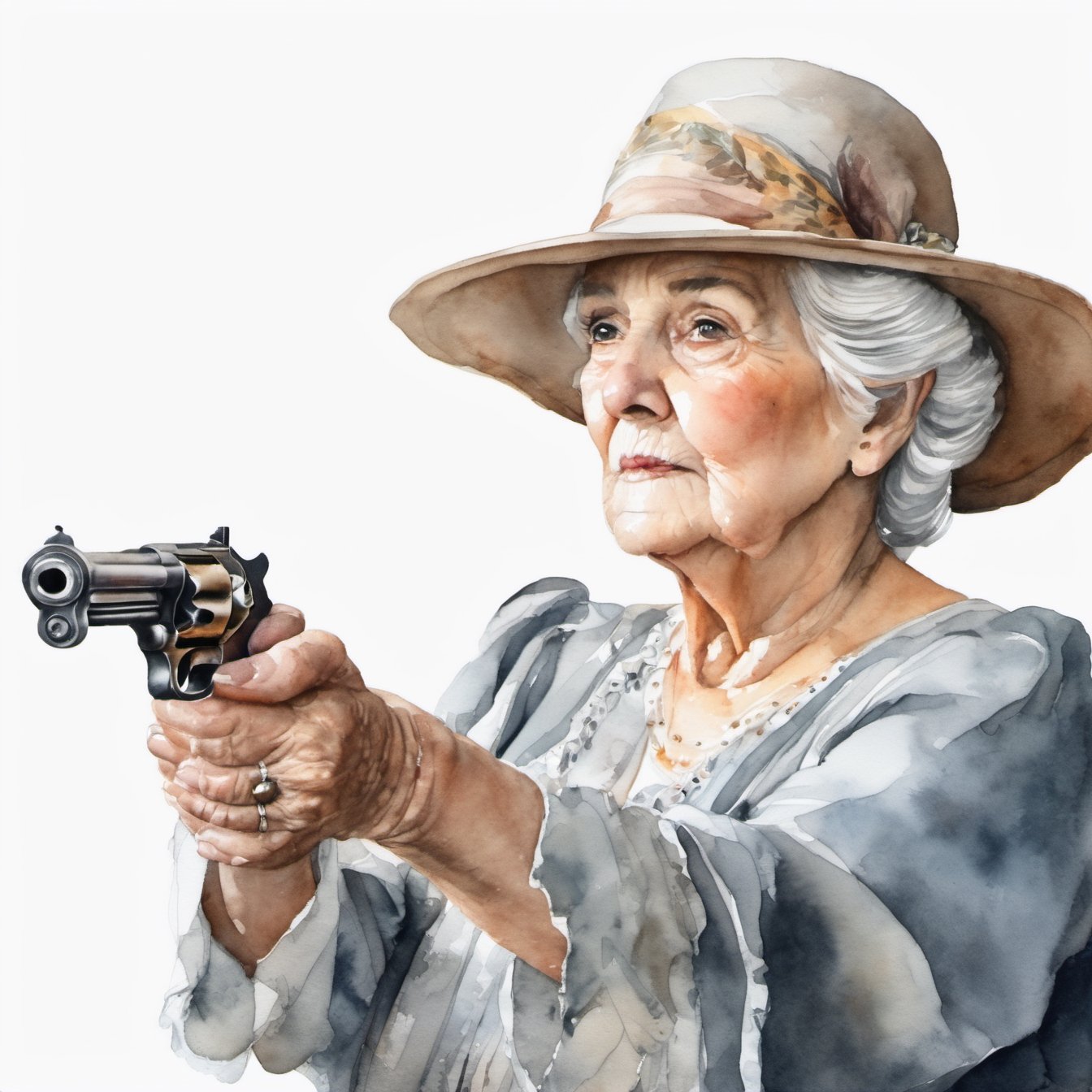 portrait of an old woman with gray hair shooting from an antique pistol, white background, delicate watercolor