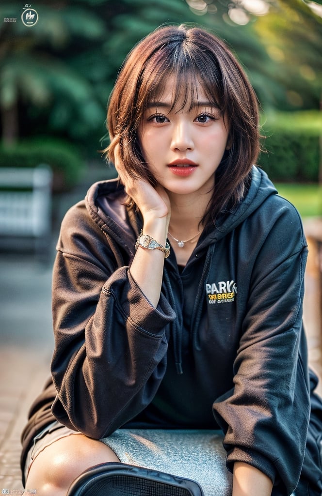 short hair, hair bangs, (photorealistic:1.4), hyper realistic, masterpiece, best quality, ultra detailed, extremely detailed face, 1girl, looking at viewer, hoodie, outdoors, full body, alluring, beautiful face, cute pose, 8k, highly detailed, hourglass figure, bracelet, park