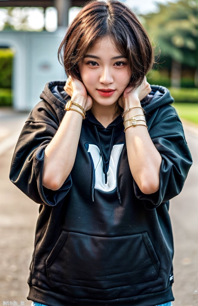 short hair, hair bangs, (photorealistic:1.4), hyper realistic, masterpiece, best quality, ultra detailed, extremely detailed face, 1girl, looking at viewer, hoodie, outdoors, full body, alluring, beautiful face, cute pose, 8k, highly detailed, hourglass figure, bracelet,