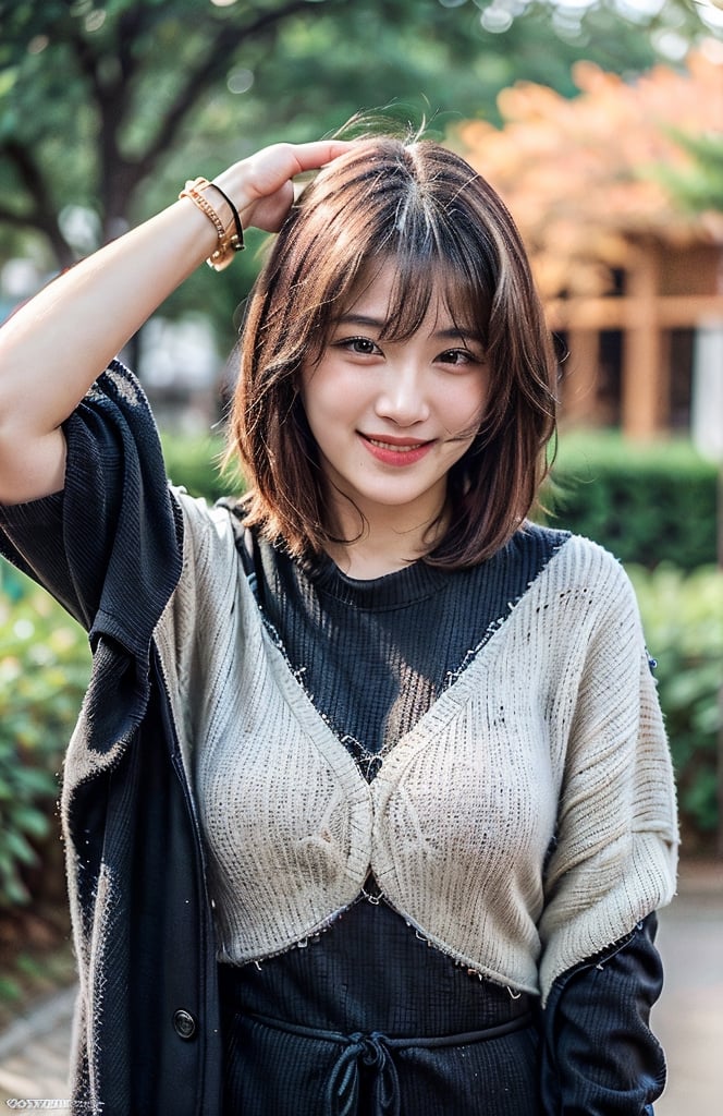 short hair, hair bangs, (photorealistic:1.4), hyper realistic, masterpiece, best quality, ultra detailed, extremely detailed face, 1girl, smiling, looking at viewer, sweater, outdoors, full body, alluring, beautiful face, cute pose, 8k, highly detailed, hourglass figure, bracelet, park