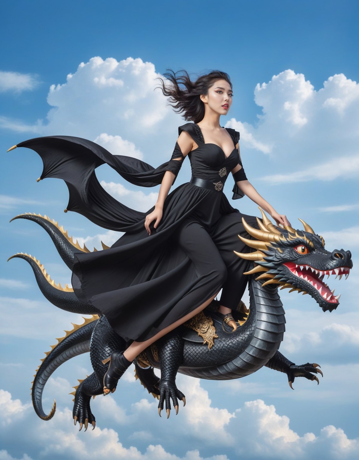 Full body portrait, Beautiful girl wearing black gothic dress riding on a eastern dragon in the sky, windy, big detailed eyes, highly detailed, fantasy setting, dynamic angle,rocketride