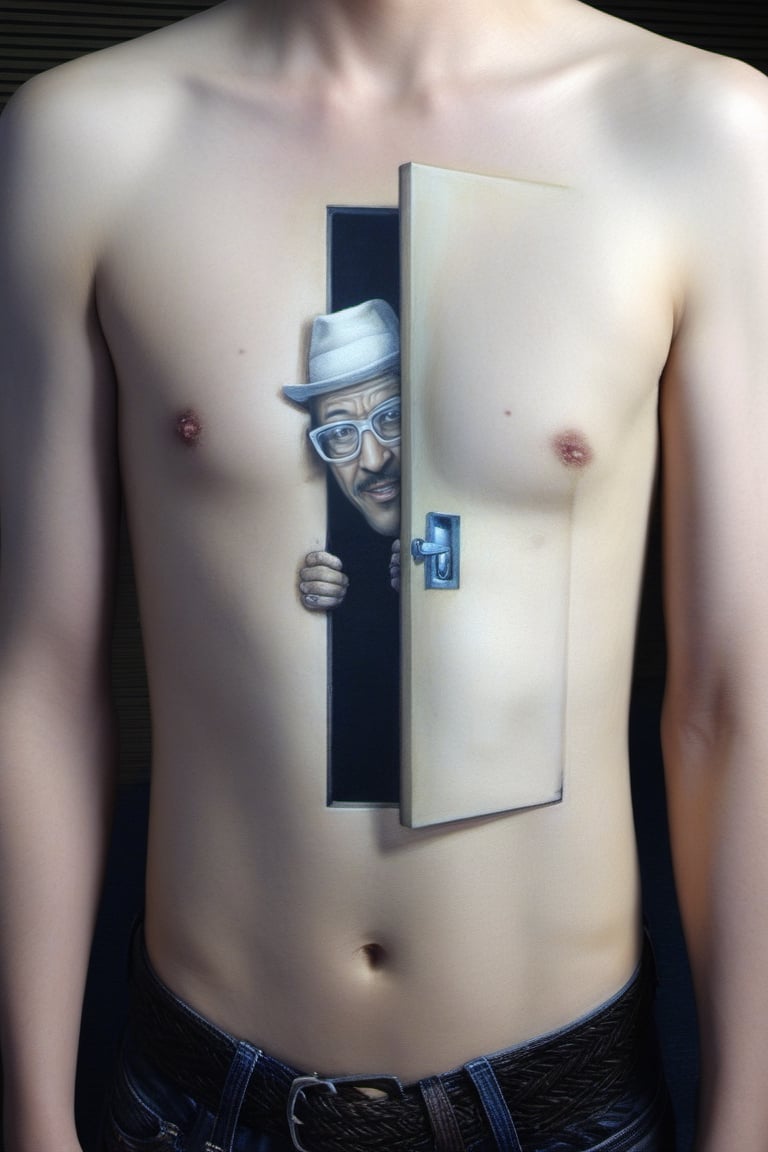 male focus, 1boy, solo, realistic, navel, pants, topless male, nipples, jeans, denim, facial hair, head out of frame, chest hole, 1man in chest hole wearing hat and glasses opening door, 