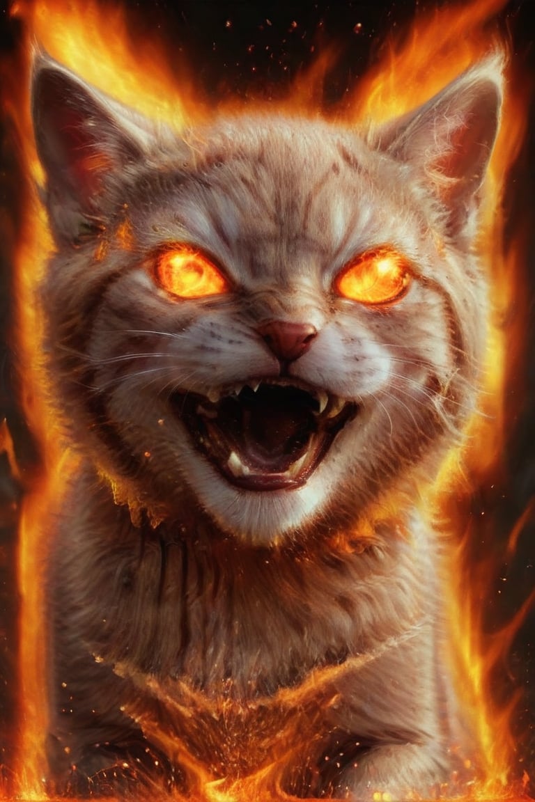 cute kitten, teeth, fire, realistic, burningeyes, 