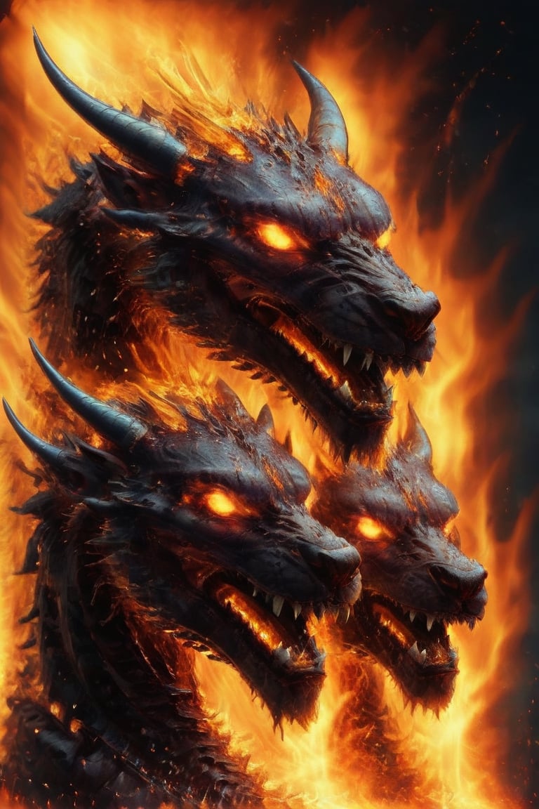 burningeyes, no humans, cerberus, 3 heads, teeth, 