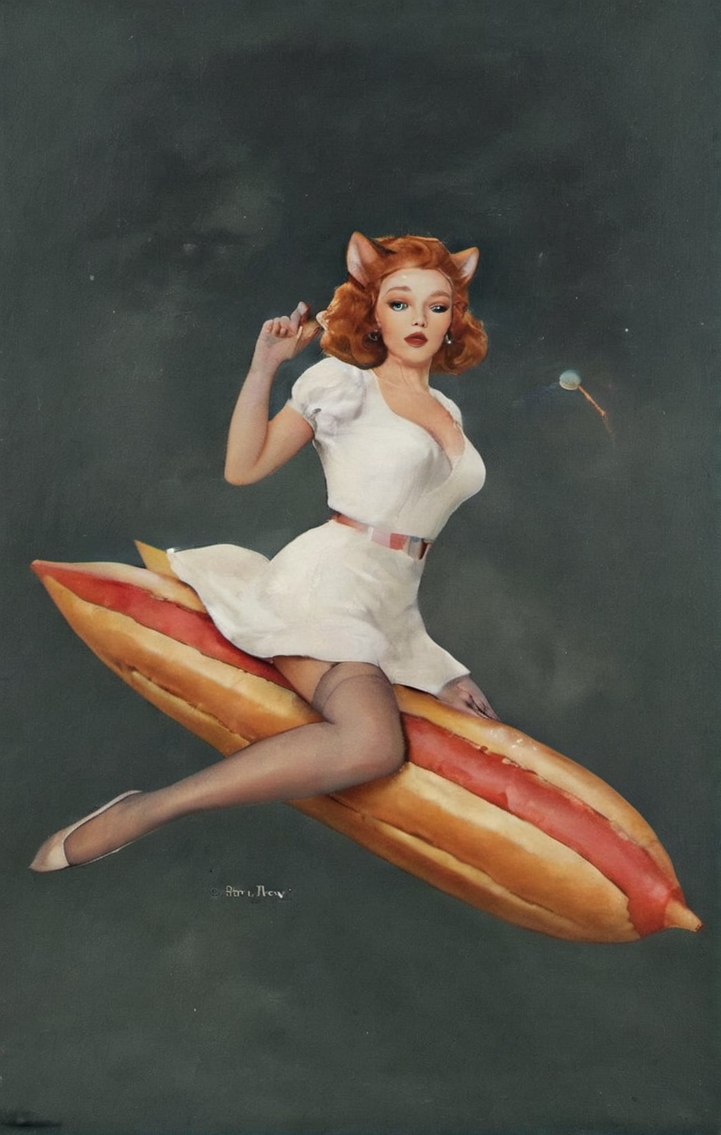 copper haired woman, looking at viewer, cat ears, riding giant hot dog, in outer space, Saturn, milky way, white dress, thigh high stockings, 